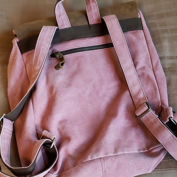Leather & Pink Canvas Backpack Computer Book Bag - Picture 4 of 8